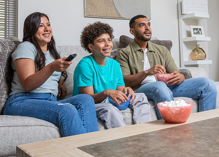 Family watching TV and enjoying popcorn.